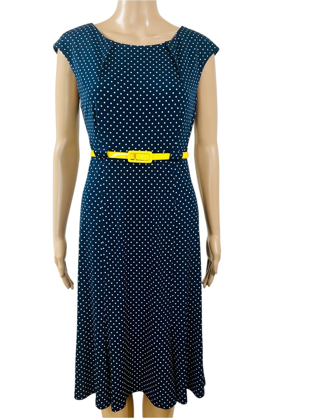 Covington Navy Blue and White Polka Dot Cap Sleeve Dress with Yellow Belt Sz 10